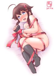 Rule 34 | 10s, 1girl, 2015, absurdres, ahoge, bare shoulders, bdsm, black socks, blue eyes, blush, bondage, bound, bound wrists, braid, breasts, brown hair, commentary request, dated, hair flaps, hair ornament, hair ribbon, highres, kanon (kurogane knights), kantai collection, kneehighs, long hair, looking at viewer, lying, naked ribbon, navel, on side, open mouth, ribbon, shigure (kancolle), shigure kai ni (kancolle), simple background, single braid, socks, solo, sweat, tears, white background