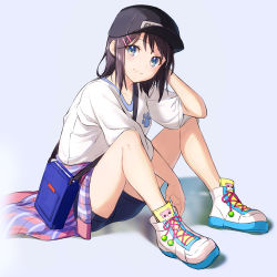 Rule 34 | 1girl, bag, bang dream!, bare legs, baseball cap, black hair, black hat, black shorts, blue background, blue eyes, blush, closed mouth, clothes around waist, commentary request, full body, gen (gen m gen), hair ornament, hairclip, hat, highres, knees up, looking at viewer, multicolored footwear, okusawa misaki, paw print, shirt, short hair, short sleeves, shorts, shoulder bag, simple background, sitting, smile, solo, white shirt