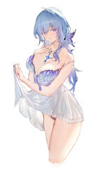 1girl absurdres alternate_costume babydoll bare_legs bare_shoulders blue_butterfly blue_hair blue_nails blue_panties breasts bug butterfly collarbone colored_eyelashes commentary cropped_legs hair_between_eyes highleg highleg_panties highres insect large_breasts long_hair nail_polish panties purple_eyes shorekeeper_(wuthering_waves) simple_background skirt_hold solo strap_slip swd3e2 underwear white_babydoll white_background wuthering_waves