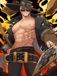 Rule 34 | 1boy, abs, bare pectorals, belt, blonde hair, card, feet out of frame, fingerless gloves, foreshortening, gloves, grin, guilty gear, guilty gear strive, hat, highres, jacket, johnny (guilty gear), kyou (ningiou), large belt, long hair, looking at viewer, male focus, muscular, muscular male, navel, nipples, obliques, open clothes, open jacket, outstretched hand, pectorals, playing card, smile, solo, sparkle, stomach, sunglasses, thick eyebrows, thighs, v-taper