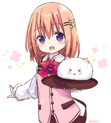 Rule 34 | &gt; &lt;, 1girl, :d, angora rabbit, animal, black skirt, blush stickers, brown hair, closed eyes, collared shirt, commentary request, gochuumon wa usagi desu ka?, hair between eyes, hair ornament, hairclip, highres, holding, holding tray, hoto cocoa, long hair, long sleeves, looking at viewer, nakkar, open mouth, pink vest, purple eyes, rabbit, rabbit house uniform, shirt, simple background, skirt, sleeves past wrists, smile, tippy (gochiusa), tray, twitter username, uniform, vest, waitress, white background, white shirt