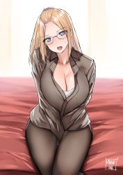 Rule 34 | 1girl, absurdres, arms between legs, artist name, bangs pinned back, bed sheet, between legs, blonde hair, blue eyes, blush, breasts, camisole, cleavage, collarbone, collared shirt, commentary, english commentary, facing viewer, glasses, hair pulled back, hand between legs, hands between legs, head tilt, highres, indoors, inne sensei, inne sulistya robin, large breasts, long hair, long sleeves, looking at viewer, norman maggot, open mouth, original, pantyhose, shirt, sitting, solo, sweatdrop, teacher, unbuttoned, v arms