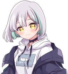 Rule 34 | 1girl, belt, belt collar, black belt, black jacket, blue hair, blush, breasts, closed mouth, commentary request, drawstring, grey hair, hood, hood down, hoodie, jacket, kanade kanon, kino haruc, looking at viewer, medium bangs, medium breasts, multicolored hair, nanashi inc., off shoulder, open clothes, open jacket, short hair, simple background, smile, solo, streaked hair, two-tone hair, upper body, virtual youtuber, white hoodie, yellow eyes