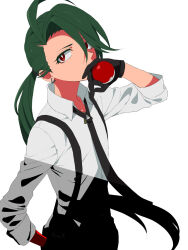 Rule 34 | 1girl, ahoge, black gloves, black necktie, black pants, bright pupils, collared shirt, commentary request, covering own mouth, creatures (company), eyelashes, game freak, gloves, green hair, hand in pocket, hand up, highres, holding, holding poke ball, long hair, looking up, miyawaki, necktie, nintendo, pants, poke ball, poke ball (basic), pokemon, pokemon sv, red eyes, rika (pokemon), shirt, simple background, solo, white background, white pupils