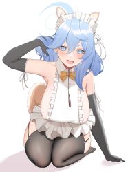 Rule 34 | 1girl, ako (blue archive), animal ears, arm up, armpits, black gloves, black thighhighs, blue archive, blue eyes, blue hair, bow, bowtie, breasts, collar, dog ears, dog girl, dog tail, dress, elbow gloves, full body, garter straps, gloves, halo, hand in own hair, highres, large breasts, leash, long hair, looking at viewer, maid headdress, open mouth, orange bow, orange bowtie, revealing clothes, seiza, sideboob, simple background, sitting, skindentation, tail, thighhighs, tomi27, v-shaped eyebrows, white background, white dress