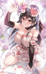 Rule 34 | 1girl, arm support, arm up, bare shoulders, bed sheet, black choker, black hair, blurry, blush, breasts, bridal gauntlets, bug, butterfly, choker, cleavage, closed mouth, collarbone, dated, depth of field, dot nose, dress, earrings, flower, from above, hair between eyes, hair flower, hair ornament, high ponytail, hozumi kaoru, idolmaster, idolmaster shiny colors, insect, jewelry, kneeling, large breasts, layered dress, long hair, looking at viewer, on bed, petals, pink dress, pink flower, ponytail, purple flower, shirase sakuya, signature, smile, solo, window, yellow eyes
