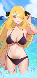 Rule 34 | 1girl, absurdres, bikini, black bikini, blonde hair, blue sky, blush, breasts, cloud, collarbone, creatures (company), cynthia (pokemon), day, game freak, grey eyes, hair ornament, hand up, highres, large breasts, long hair, looking at viewer, navel, nintendo, ocean, okuro zmzm, outdoors, parted lips, pokemon, pokemon dppt, sky, solo, stomach, swimsuit, thighs, very long hair, wading, water, water drop