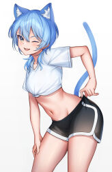 Rule 34 | 1girl, absurdres, animal ear fluff, animal ears, aoi zerii, black shorts, blue eyes, blue hair, breasts, cat ears, cat girl, cat tail, commentary request, cowboy shot, crop top, hair between eyes, hand on own thigh, highres, hololive, hoshimachi suisei, kemonomimi mode, leaning forward, light blush, long hair, looking at viewer, medium breasts, midriff, navel, one eye closed, parted lips, shirt, short sleeves, shorts, simple background, smile, solo, star (symbol), star in eye, symbol in eye, tail, tail raised, tied shirt, virtual youtuber, white background, white shirt