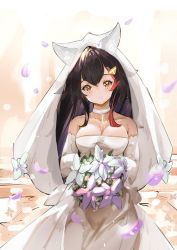 Rule 34 | 1girl, black hair, blush, bouquet, breasts, bridal veil, cleavage, closed mouth, collarbone, dress, elbow gloves, flower, gloves, holding, holding bouquet, hololive, large breasts, long hair, looking at viewer, majocc (dusty051), off-shoulder dress, off shoulder, ookami mio, red hair, smile, solo, veil, very long hair, virtual youtuber, wedding dress, white dress, white gloves