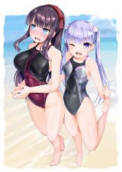 Rule 34 | 10s, 2girls, averting eyes, barefoot, black one-piece swimsuit, blue eyes, blush, breasts, brown hair, brown one-piece swimsuit, competition swimsuit, flat chest, from above, hair ribbon, hassen (8cm), large breasts, long hair, looking at viewer, multiple girls, new game!, one-piece swimsuit, one eye closed, outside border, ponytail, purple eyes, purple hair, red ribbon, ribbon, suzukaze aoba, swimsuit, takimoto hifumi, twintails, wavy mouth