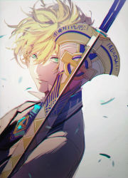 Rule 34 | 1boy, arthur pendragon (fate), blonde hair, collared shirt, excalibur (fate/prototype), excalibur (fate/stay night), fate/grand order, fate/prototype, fate (series), green eyes, hair between eyes, holding, holding sword, holding weapon, looking at viewer, male focus, md5 mismatch, resolution mismatch, shirt, short hair, simple background, solo, source smaller, sword, tsukimura noe, upper body, weapon, white background
