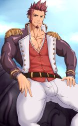 Rule 34 | 1boy, absurdres, bad id, bad pixiv id, baobaoart, bara, blue eyes, brown hair, bulge, facial hair, fate/grand order, fate (series), goatee, highres, long sideburns, looking at viewer, male focus, muscular, napoleon bonaparte (fate), open clothes, pants, pectorals, scar, short hair, sideburns, simple background, smile, solo