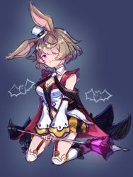 Rule 34 | 1girl, althemia, animal ears, bat (animal), breasts, brown hair, cleavage, detached sleeves, dragalia lost, full body, garter straps, hair over one eye, halloween, halloween costume, hat, highres, holding, holding staff, hozumi rino, looking at viewer, pink eyes, puffy shorts, rabbit ears, seiza, short hair, shorts, sitting, solo, staff, striped clothes, striped shorts, white hat