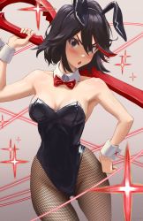 Rule 34 | 1girl, animal ears, armpits, athenawyrm, bare shoulders, black eyes, black hair, black leotard, blush, bow, bowtie, breasts, cleavage, collarbone, commentary, detached collar, duplicate, dutch angle, earrings, fake animal ears, fishnet thighhighs, fishnets, gluteal fold, gradient background, hand on own hip, highres, jewelry, kill la kill, leaning to the side, leotard, looking at viewer, matoi ryuuko, medium breasts, multicolored hair, over shoulder, pantyhose, playboy bunny, rabbit earrings, rabbit ears, red bow, red bowtie, red hair, scissor blade (kill la kill), short hair, solo, strapless, strapless leotard, streaked hair, symbol-only commentary, thighhighs, v-shaped eyebrows, weapon, weapon over shoulder, wrist cuffs