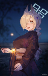 Rule 34 | 1girl, :d, animal ears, blonde hair, blue archive, blue eyes, breasts, chilakkk, eyeliner, fireworks, floral print, flower, full moon, hair flower, hair ornament, highres, holding, holding fireworks, japanese clothes, kanna (blue archive), kimono, large breasts, long hair, makeup, moon, night, open mouth, ponytail, sash, sharp teeth, smile, solo, sparkler, teeth