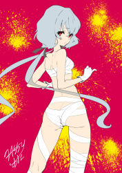 Rule 34 | 1girl, ass, back, bandages, bare arms, bare shoulders, black ribbon, breasts, bright pupils, commentary request, contrapposto, from behind, gloves, grey hair, hair ribbon, hassystants, highres, konno junko, legs apart, long hair, looking at viewer, looking back, low twintails, naked bandage, parted lips, red eyes, revision, ribbon, signature, small breasts, solo, standing, twintails, two-tone background, very long hair, white gloves, zombie land saga