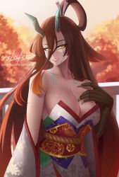 Rule 34 | 1girl, autumn, backlighting, bare shoulders, breasts, brown hair, claws, cleavage, collarbone, cslucaris, detached sleeves, fate/grand order, fate/requiem, fate (series), gradient hair, grin, hair between eyes, highres, horns, japanese clothes, kijo kouyou (fate), kijo kouyou (third ascension) (fate), kimono, large breasts, long hair, looking at viewer, multicolored hair, orange hair, orange sky, ponytail, rope, sash, sky, sleeveless, sleeveless kimono, slit pupils, smile, solo, tree, twilight, very long hair, white kimono, wide sleeves, yellow eyes