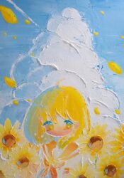 Rule 34 | 1girl, acrylic paint (medium), ahoge, blonde hair, blue sky, cloud, commentary, commentary request, cumulonimbus cloud, day, english commentary, falling petals, flower, flower in eye, highres, impasto, looking at viewer, medium hair, mixed-language commentary, neckerchief, no mouth, no nose, no sclera, oda mifuu, oil painting (medium), orange neckerchief, orange sailor collar, original, outdoors, painting (medium), petals, sailor collar, school uniform, serafuku, shirt, short sleeves, sky, solo, sunflower, symbol in eye, traditional media, white shirt, wind, yellow eyes, yellow flower
