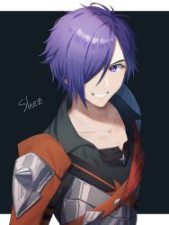 Rule 34 | 1boy, armor, breastplate, character name, collarbone, fire emblem, fire emblem: three houses, fire emblem warriors, fire emblem warriors: three hopes, grin, hair over one eye, highres, looking at viewer, male focus, nintendo, one eye covered, purple hair, shez (fire emblem), shez (male) (fire emblem), short hair, shoulder armor, smile, solo, teeth, tomo shirasu, upper body