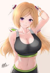 Rule 34 | 1girl, absurdres, aki rosenthal, arm up, armpits, bare arms, bare shoulders, blonde hair, blush, breasts, cleavage, commentary, crop top, grey background, hair ornament, highres, hololive, large breasts, long hair, looking at viewer, midriff, navel, purple eyes, shde odeenz, simple background, smile, solo, sports bra, stomach, upper body, very long hair, virtual youtuber
