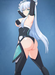 Rule 34 | 1girl, alternate form, aqua eyes, armpits, arms behind head, ass, bare shoulders, belt bra, breasts, choujigen game neptune, compile heart, elbow gloves, from behind, gloves, highres, horns, huge ass, idea factory, jyu ichi, kiseijou rei, kiseijou rei (goddess form), large breasts, leotard, long hair, looking at viewer, neptune (series), seductive smile, shiny clothes, shiny skin, sideboob, smile, solo, thick thighs, thighhighs, thighs, very long hair