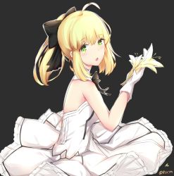 Rule 34 | 1girl, :o, ahoge, artoria pendragon (all), artoria pendragon (fate), bare shoulders, black background, black bow, blonde hair, blush, bow, dress, fate/stay night, fate/unlimited codes, fate (series), flower, gloves, green eyes, hair between eyes, hair bow, holding, holding flower, lily (flower), looking at viewer, looking to the side, parted lips, pleated dress, ponytail, rocm (nkkf3785), saber lily, sidelocks, simple background, sleeveless, sleeveless dress, solo, twitter username, white dress, white flower, white gloves, yellow flower