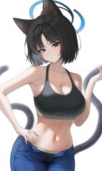 Rule 34 | 1girl, absurdres, animal ears, black eyes, black hair, black sports bra, blue archive, blue halo, blue pants, blush, breasts, cat ears, cat tail, cleavage, closed mouth, collarbone, cowboy shot, halo, highres, kikyou (blue archive), large breasts, looking at viewer, multiple tails, navel, pants, short hair, simple background, solo, sports bra, taboo (user kzyc8573), tail, two tails, white background