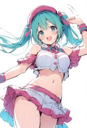 Rule 34 | 1girl, :d, aqua eyes, aqua hair, arm up, bare shoulders, blush, bow, breasts, collared shirt, commentary request, contrapposto, cowboy shot, crop top, frills, groin, hair between eyes, hat, hatsune miku, highres, long hair, looking at viewer, medium breasts, midriff, miniskirt, motion lines, navel, open mouth, oshitsuji, pleated skirt, ribbon, shirt, simple background, sketch, skirt, sleeveless, sleeveless shirt, smile, solo, stomach, teeth, thighs, twintails, upper teeth only, very long hair, vocaloid, white background, white shirt