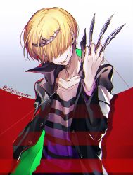 Rule 34 | 1boy, bad id, bad pixiv id, belphegor (reborn), blonde hair, closed mouth, commentary request, hair over eyes, highres, hotechige, katekyo hitman reborn!, male focus, shirt, smile, solo, striped clothes, striped shirt, tiara
