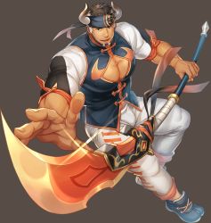 Rule 34 | 1boy, bad perspective, bara, beard, chinese clothes, cleavage cutout, clothing cutout, covered erect nipples, facial hair, glaive (polearm), gozu farm, gyee, halberd, headband, highres, horns, logo, looking at viewer, male focus, manly, muscular, muscular male, official alternate costume, official art, pants, pectoral cleavage, pectorals, polearm, smile, solo, takashi (gyee), thick arms, thick thighs, thighs, transparent background, weapon