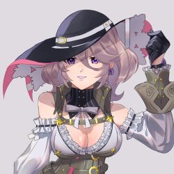 Rule 34 | 1girl, absurdres, armed fantasia, black hat, bow, breasts, cleavage, closed mouth, frills, hat, highres, kiroku nanaki (52+2), large breasts, lipstick, long hair, looking at viewer, makeup, mercedes rosenberg, purple eyes, purple hair, shiny skin, simple background, smile, solo, upper body, white bow