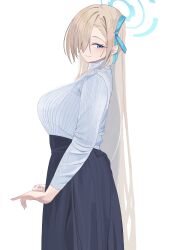 Rule 34 | 1girl, absurdres, asuna (blue archive), asymmetrical bangs, blue archive, blue skirt, blush, breasts, hair over one eye, halo, highres, huge breasts, long bangs, long hair, long skirt, long sleeves, looking at viewer, looking to the side, one eye covered, ribbed shirt, shirt, simple background, skirt, smile, solo, straight hair, tented shirt, tnr (horiko1525), very long hair, white background