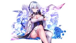 Rule 34 | 1girl, absurdres, black gloves, blush, breasts, bronya zaychik, bronya zaychik (silverwing: n-ex), commentary, dress, english commentary, feet out of frame, gloves, grey eyes, grey hair, highres, honkai (series), honkai impact 3rd, karma alter d, large breasts, long hair, looking at viewer, parted lips, sidelocks, single glove, single thighhigh, sitting, sleeveless, sleeveless dress, solo, thighhighs, transparent background, white thighhighs