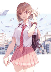Rule 34 | 1girl, absurdres, akira (mr akira), arm up, backpack, bag, blue sky, bob cut, bottle, breasts, brown eyes, brown hair, cityscape, cloud, commentary, commentary request, cowboy shot, day, diagonal-striped clothes, diagonal-striped necktie, diagonal-striped neckwear, dress shirt, english commentary, expressionless, hair ornament, hand in own hair, highres, looking at viewer, medium breasts, mixed-language commentary, necktie, neckwear between breasts, original, outdoors, paper, pink skirt, pleated skirt, red necktie, school uniform, shirt, short hair, short sleeves, skirt, sky, solo, standing, striped clothes, striped necktie, striped neckwear, striped skirt, test score, watch, water bottle, white shirt, wristwatch, x hair ornament