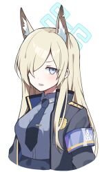Rule 34 | 1girl, animal ear fluff, animal ears, armband, armor, black jacket, blonde hair, blue archive, blue armor, blue eyes, blue halo, blue necktie, clenched teeth, commentary request, hair over one eye, halo, highres, jacket, kanna (blue archive), long hair, looking at viewer, murase48, necktie, sharp teeth, simple background, solo, teeth, upper body, white background