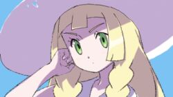 Rule 34 | 1girl, blonde hair, blue background, braid, closed mouth, commentary request, creatures (company), eyelashes, game freak, green eyes, hand up, hat, lillie (pokemon), long hair, lowres, nintendo, okimiyage, pokemon, pokemon sm, portrait, sleeveless, solo, twin braids