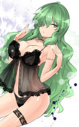 Rule 34 | 1girl, babydoll, bare arms, bare shoulders, black panties, breasts, cleavage, commentary request, cowboy shot, green eyes, green hair, hair over one eye, hands up, highres, kazami yuuka, kazami yuuka (pc-98), large breasts, lingerie, long hair, looking at viewer, one-hour drawing challenge, panties, parted lips, solo, thigh strap, thighs, touhou, touhou (pc-98), underwear, very long hair, y2