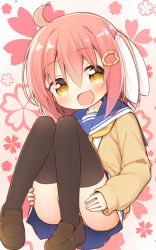 Rule 34 | 1girl, :d, ahoge, ayanepuna, black thighhighs, blue sailor collar, blue skirt, blush, brown cardigan, brown eyes, brown footwear, cardigan, floral background, full body, hair between eyes, hair ornament, hair ribbon, highres, knees up, loafers, long sleeves, looking at viewer, one side up, open cardigan, open clothes, open mouth, original, pink hair, ribbon, sailor collar, school uniform, serafuku, shirt, shoes, sitting, skirt, sleeves past wrists, smile, solo, thighhighs, white ribbon, white shirt, yellow neckwear, yune (ayanepuna)