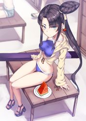 Rule 34 | 1girl, alternate costume, arm support, bad id, bad pixiv id, bench, black hair, blue eyes, breasts, closed mouth, commentary request, fate/grand order, fate (series), food, from above, fruit, groin, hair bun, halterneck, long hair, looking at viewer, navel, outdoors, parted bangs, platform footwear, platform heels, revealing clothes, ryuinu, sheath, sheathed, side ponytail, single hair bun, sitting, small breasts, smile, solo, thighs, tsurime, ushiwakamaru (fate), ushiwakamaru (swimsuit assassin) (first ascension) (fate), very long hair, watermelon
