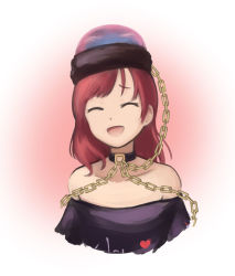 Rule 34 | 1girl, agsagreen, bare shoulders, black hat, black shirt, closed eyes, clothes writing, collar, gradient background, happy, hat, hecatia lapislazuli, long hair, off-shoulder shirt, off shoulder, open mouth, pink background, red hair, shirt, short sleeves, smile, solo, swept bangs, touhou, upper body, white background
