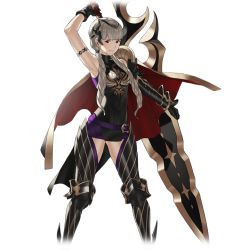 Rule 34 | 1girl, arm up, armlet, armor, armored boots, armpits, belt, boots, breasts, cape, dress, gauntlets, gloves, hair ornament, holding, holding sword, holding weapon, huge weapon, kozaki yuusuke, long hair, looking at viewer, medium breasts, red eyes, short dress, simple background, single glove, sleeveless, solo, sword, thighhighs, transparent background, weapon, white hair, zettai ryouiki