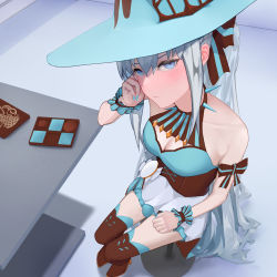 Rule 34 | 1girl, bad id, bad pixiv id, bed, blue eyes, box, box of chocolates, chocolate, collar, fate/grand order, fate (series), food, gift, grey hair, hand on own face, hat, head rest, highres, long hair, looking at viewer, morgan le fay (fate), morgan le fay (valentine witches) (fate), nail polish, solo, spiked collar, spikes, table, torayotorayomonekonouchi, valentine, witch, witch hat