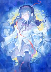 Rule 34 | 1girl, abstract background, akemi homura, black hair, black pantyhose, blue background, bow, bowtie, braid, capelet, chinese commentary, collared capelet, commentary request, expressionless, feet out of frame, glasses, hairband, highres, ice, ice cube, jacket, long hair, long sleeves, looking at viewer, mahou shoujo madoka magica, mahou shoujo madoka magica (anime), pantyhose, parted lips, purple bow, purple bowtie, purple capelet, purple eyes, purple skirt, red-framed eyewear, red hairband, red ribbon, ribbon, semi-rimless eyewear, skirt, solo, twin braids, under-rim eyewear, white jacket, willow (yinling412)