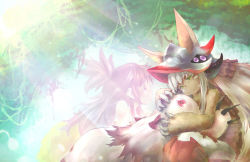 Rule 34 | 2girls, animal ears, branch, rabbit ears, claws, creature, diffraction spikes, dual persona, ears through headwear, exxe mkii, furry, green eyes, helmet, hug, long hair, looking at another, made in abyss, mitty (made in abyss), mitty (made in abyss) (human), multiple girls, nanachi (made in abyss), pink eyes, pink hair, plant, sad smile, smile, spoilers, tears, topknot, translucent, vines, whiskers, white hair