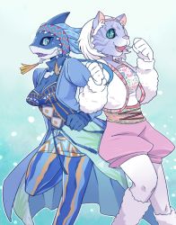 Rule 34 | 2girls, :d, amu (doubutsu sentai zyuohger), animification, bad id, bad pixiv id, blue eyes, blue gloves, blue jacket, breasts, cleavage, clenched hand, colored sclera, commentary request, doubutsu sentai zyuohger, fur jacket, furry, furry female, gloves, gradient background, green eyes, green sclera, jacket, leg up, leg warmers, looking at viewer, medium breasts, multiple girls, open clothes, open jacket, open mouth, pink shorts, puffy shorts, sera (doubutsu sentai zyuohger), shorts, smile, standing, standing on one leg, super sentai, tamachro, white jacket