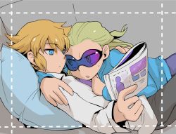Rule 34 | 2boys, blonde hair, blue eyes, couch, dylan keith, gorugon, inazuma eleven, inazuma eleven (series), magazine (object), male focus, mark kruger, multiple boys, on person, open mouth, pillow, sweat, yaoi