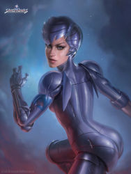 Rule 34 | 1girl, arched back, armor, ass, blue eyes, butt crack, cloud, cyborg, damaged, helmet, highres, josh burns, lips, logo, looking at viewer, looking back, mole, portrait, realistic, science fiction, silver, silverhawks, solo, source request, star (sky), steelheart, watermark