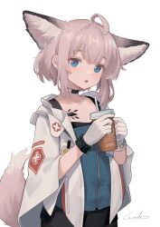 Rule 34 | 1girl, absurdres, ahoge, animal ear fluff, animal ears, arknights, black choker, blue eyes, blue vest, bracelet, chinese commentary, choker, commentary request, cup, disposable cup, drinking straw, fox ears, fox girl, fox tail, gloves, highres, holding, holding cup, infection monitor (arknights), jacket, jewelry, looking at viewer, material growth, open mouth, oripathy lesion (arknights), pink hair, short hair, simple background, solo, sussurro (arknights), tail, vest, welt (kinsei koutenkyoku), white background, white gloves, white jacket