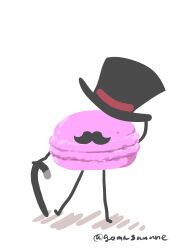 Rule 34 | absurdres, black headwear, cane, facial hair, food, full body, goma (gomasamune), hat, highres, holding, holding clothes, holding hat, macaron, mustache, no humans, original, shadow, simple background, standing, top hat, twitter username, unworn hat, unworn headwear, white background