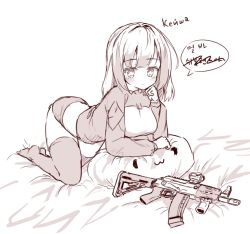 Rule 34 | 1girl, aks-74u, arm support, assault rifle, bed sheet, blush, closed mouth, copyright request, greyscale, gun, highres, kalashnikov rifle, long hair, long sleeves, monochrome, no shoes, pillow, rifle, russian text, scope, shirt, short shorts, shorts, smile, solo, tandohark, thighhighs, translation request, weapon, weapon request